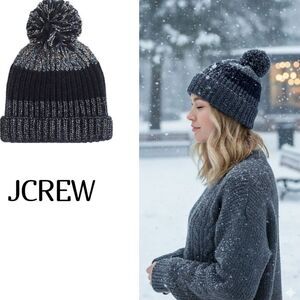 Jcrew cozy rib knit metallic navy  Wool alpaca Blend Beanie Pom Pom Hat